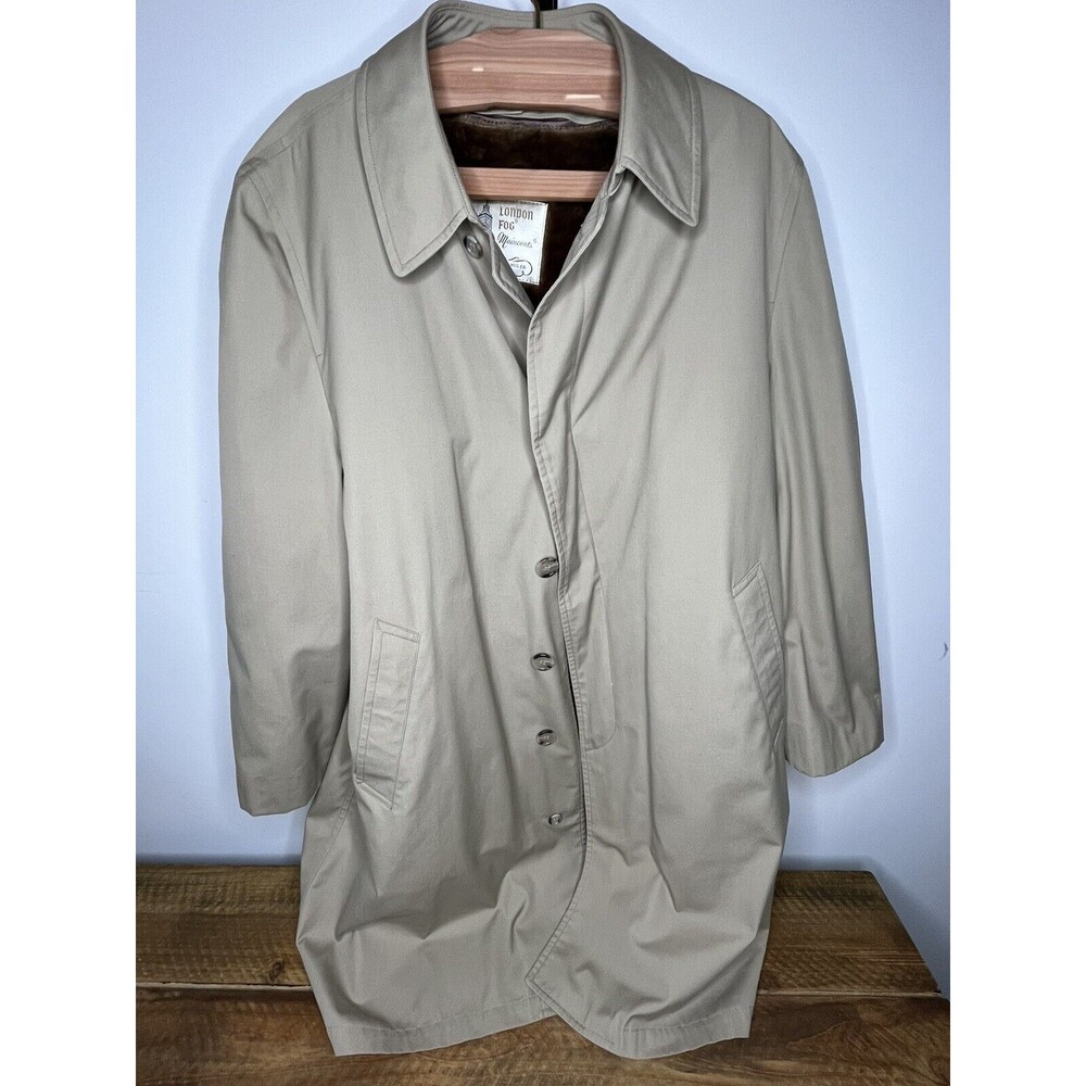 Vintage London Fog Trench Coat Faux Fur Removable Liner Tan/Khaki Men's 44